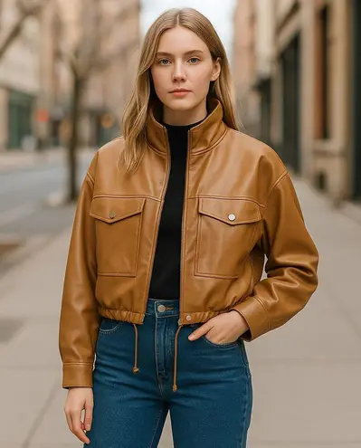 T Tahari NWT Faux Leather Bomber Jacket In Iced latte