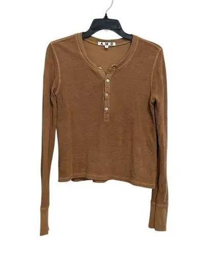 AMO Women's Pullover Henley Shirt Small 100% Cotton Brown Long Sleeve Terry K8