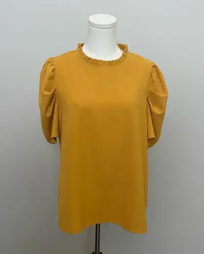 Savanna Jane Top Puff Short Sleeves High Neck Ruffle Work Career Mustard Yellow Size L