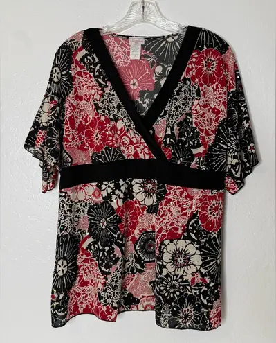 julie's closet Blouse Womens Size 1X Floral Embellished Kimono Style Red Black - Image 1