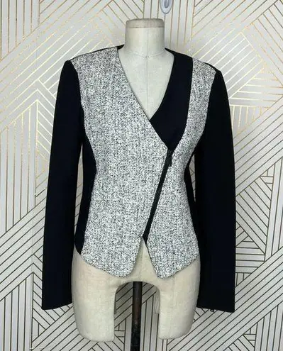 Tibi  Asymmetric Tweed Leather-Accented Zip-Up Blazer Jacket Black Gray Size 6