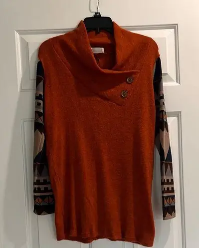 Style Rack Orange Cowl Neck Sweater with Patterned Sleeves