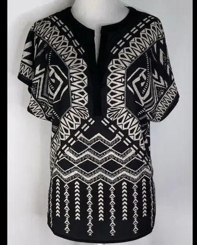 Jealous Tomato Black & Tan Aztec Short Sleeved Loose Casual Blouse Small