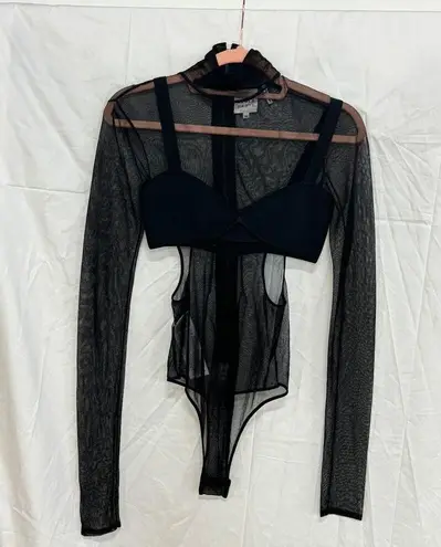 Herve Leger Hervé Léger Sheer Long Sleeve Turtleneck Bra Bodysuit Black Women's Size XXS