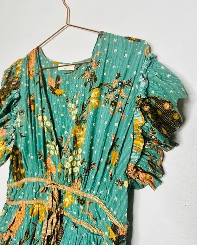 Ulla Johnson Marni Green Floral Ruffle Sleeves Tie Hourglass Mini Dress Size 14