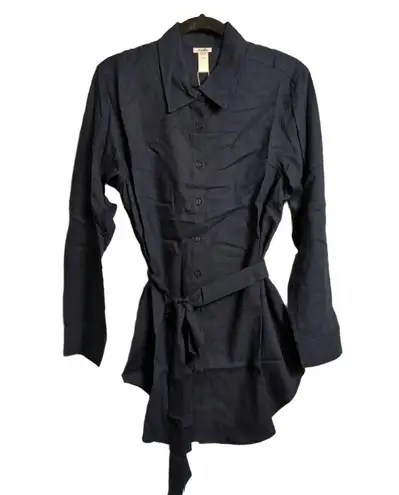 ANDIE NWT Button Up Linen Blend Navy Blue Tie Waist Long Sleeve Collared Shirt L
