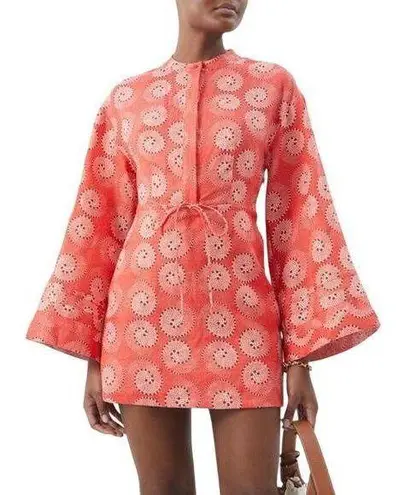 STAUD Karlee Linen Long Sleeve Printed Bell Sleeve Mini Dress Coral Orange XS
