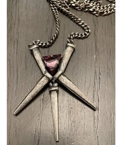 Janis Savitt Flat Link Chain Drop Necklace Emerald Cut Pink Glass Stone 17” Silver