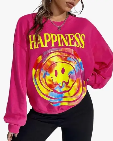Smiley Face Happiness Graphic Print Sweatshirt XS Pink
