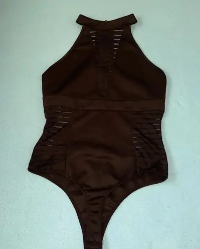 OHYES FASHION choker mock style mesh thong bodysuit zipper back NEW size L Black Size L