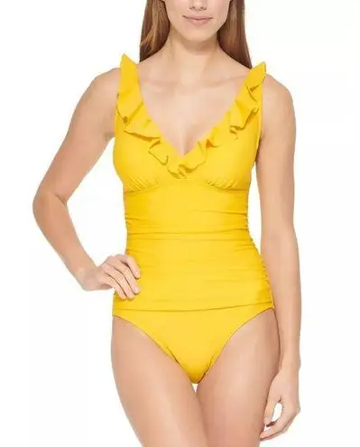 DKNY  Ruffle Plunge Underwire Tummy Control One Piece Yellow Swimsuit Size 10 NWT