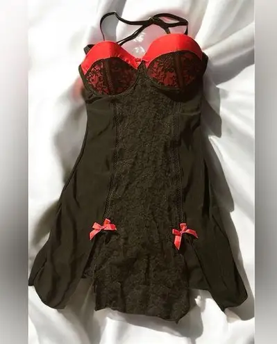 Black and Red Lace Chemise with Delicate Bow Accents