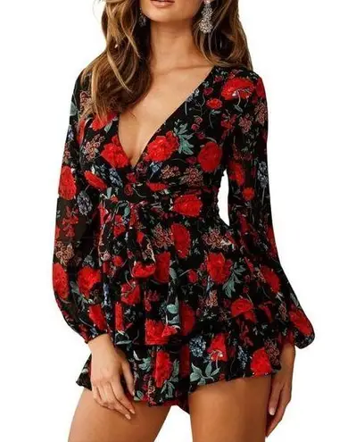 Relipop NEW Jumpsuit Floral Print V Neck Double Layer Ruffle Romper XL