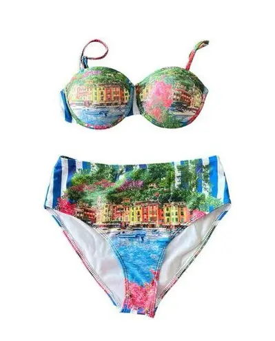 ENDLESS MOON Underwire Push Up Bikini Sz S Hi Rise Bottom Italy Floral Scene NEW Blue