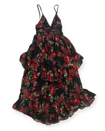 Rococo Sand Tiered Maxi Dress, Black Red Roses, Size XS New w/Tag $478 SOLD OUT
