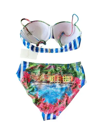 ENDLESS MOON Underwire Push Up Bikini Sz M Hi Rise Bottom Italy Floral Scene NEW Blue Size M