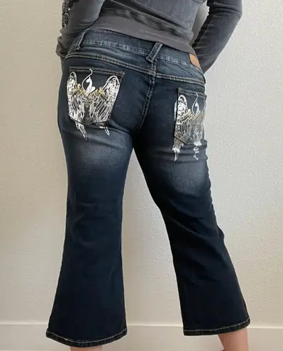 Baby Phat Vintage Y2K Dark Wash Faded Denim Mid Rise Wing Flare Leg Capri Jeans