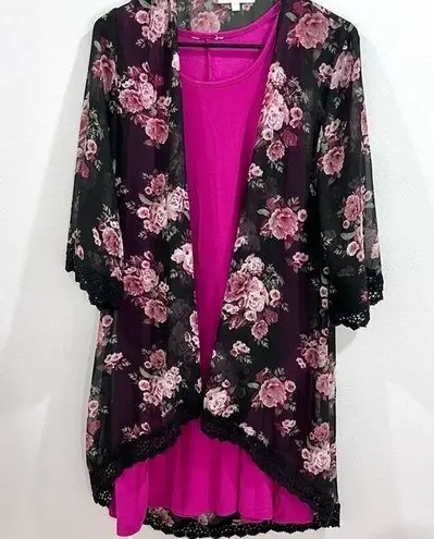 Black floral kimono wrap top and bright pink dress with pockets size medium