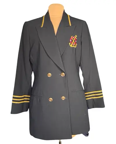 Vintage Eva Polini Nautical Navy Blazer Gold Buttons Anchor Crest Size 14 Preppy Blue