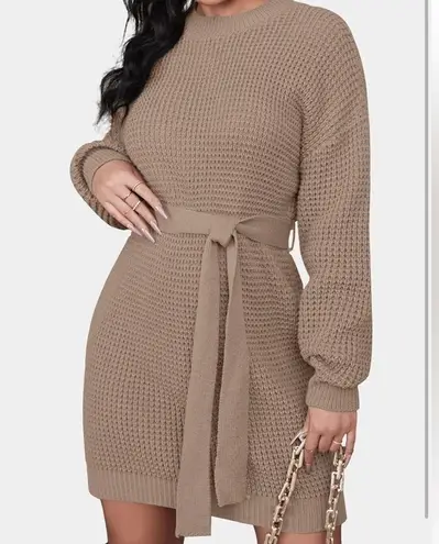 NWT Cozy Waffle Knit Crewneck Sweater Dress with Belt Tan Size Small