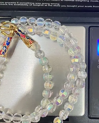 Vintage Clear Aurora Borealis AB Crystal Czech Fire Beads Enamel Clasp Necklace