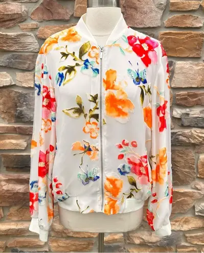 INC International Concepts White with Velvet Flowers Bomber Jacket Size L