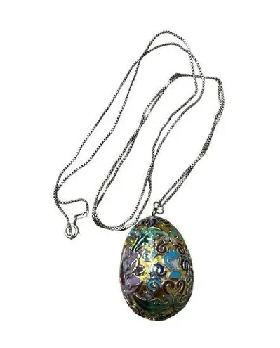 GOLD FLLD CHINESE CLOISONNÉ ENAMEL EGG FLWR PENDANT 925 CHAIN NECKLACE Italy VTG