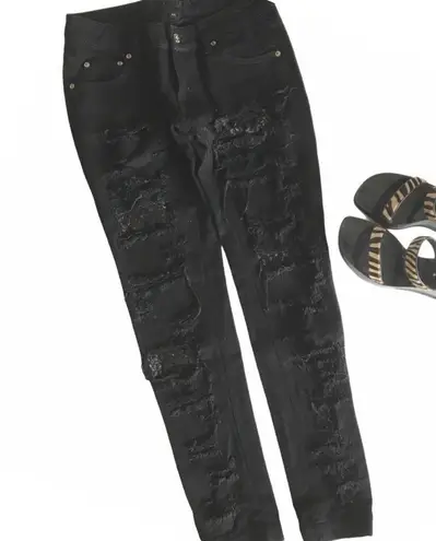 LF  Carmar ❉ Skinny Shredded Knee Denim Jeans ❉ Lace Patch Lining ❉ Black 25 0 2