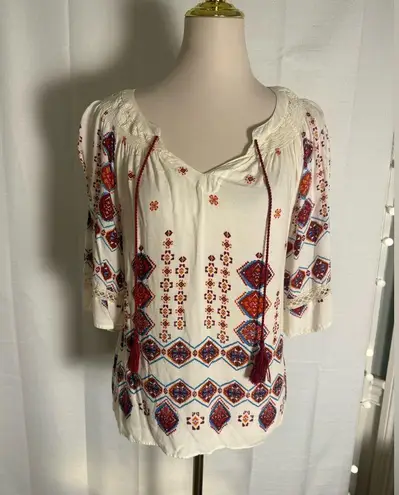 Fig and Flower Embroidered Boho Peasant Top Tassel Tie Blouse Medium Red