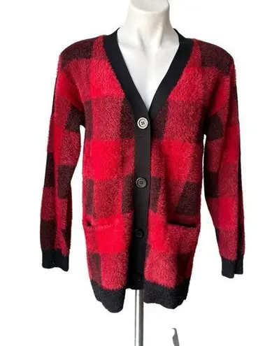 Cyrus Red/ Black Buffalo Plaid Button Down Fuzzy Cardigan Sweater, Sz S - Image 1