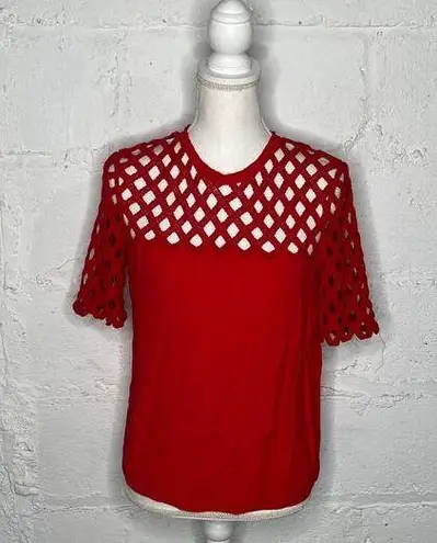Sandro Paris Women's Rayon Blend Lace Lace Crewneck Red Keyhole Blouse Size 1