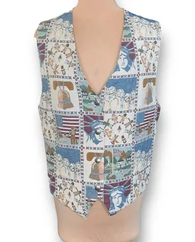 Vintage 90s Patriotic Tapestry Vest Plus Size 2X Americana Liberty Bell Flag Blue