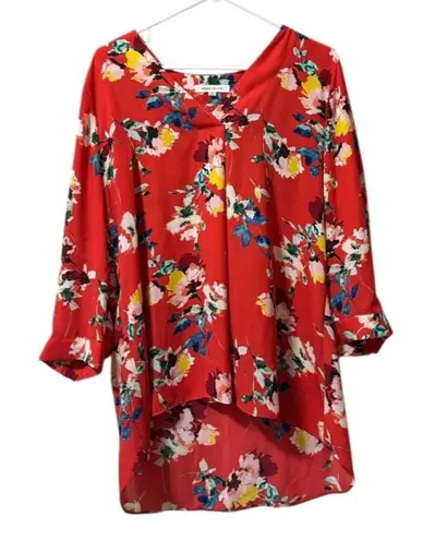 Rose + Olive Red Floral Tunic Top Blouse Size XL Long Sleeve Flowy High Lo Boho