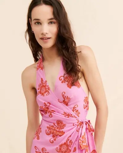 Anthropologie NWT  Pink Floral Halter Mini Dress Sz L