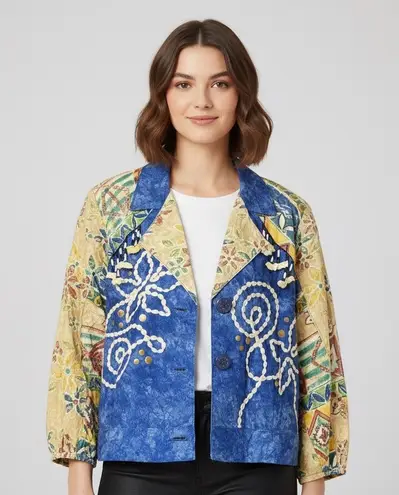 Howard Wolf Dallas Vintage Floral Beaded Jacket Womens 6 Boho Chic Made in USA Blue