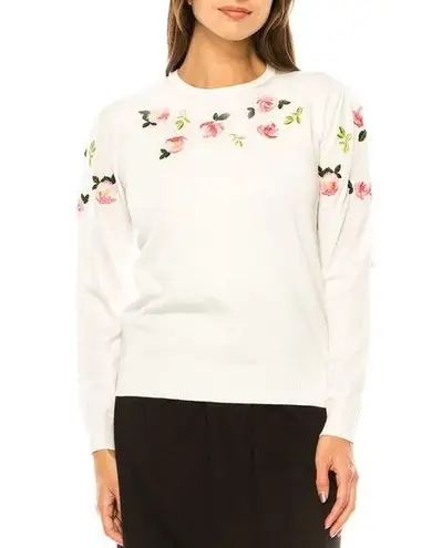 YAL New York Petal Soft White Embroidered Crewneck Sweater, Size XL New w/Tag