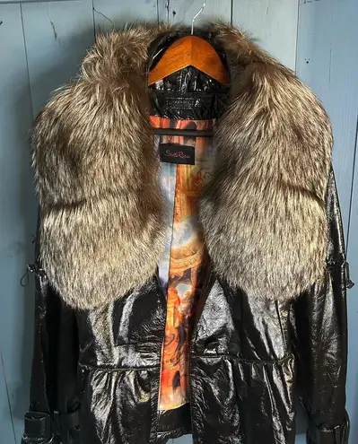 Stella Rossa Patent Leather Black Jacket W/Removable Fur Trim & Belt | EUR 42 Size L