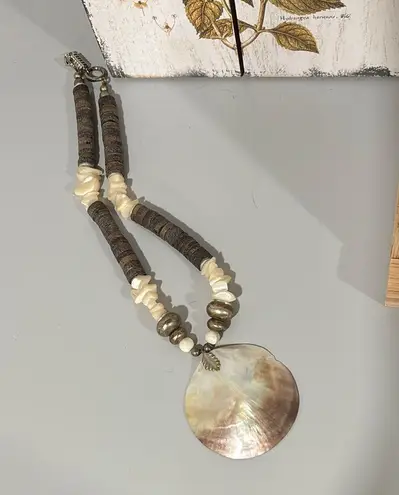 Artisan Made Shell Pendant & Silver Tone and Mixed Metal Beads Brown