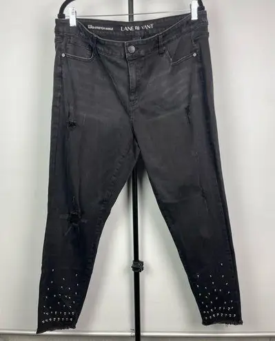 Lane Bryant  Distressed Black Studded Raw Hem Mid Rise Super Stretch Ankle Jeans