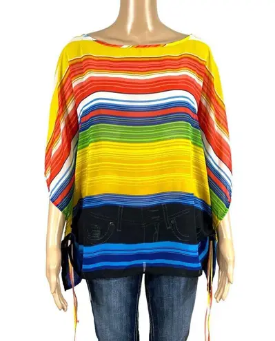 Apostrophe Womens Poncho Blouse Top Shirt Sheer Brightly Striped Pullover Medium