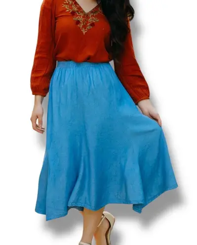 Vintage 80s Alfredo’s Wife Blue Chambray Denim Handkerchief Hem Skirt Made USA