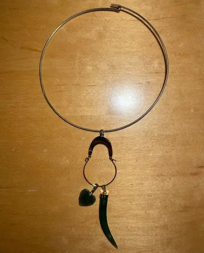 Vintage Gold Tone Choker Green Jade Horn & Heart Pendant Necklace