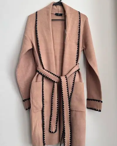 Tahari Contrast Whipstitch Long Cardigan Sweater Brown NWT Size M