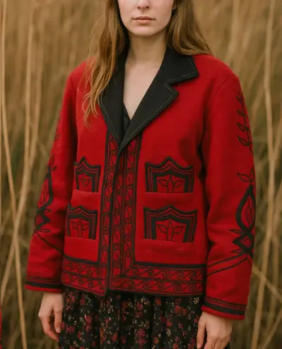 Unique Embroidered Wool Jacket Red/Black Size XL Made in Guatemala unisex Red