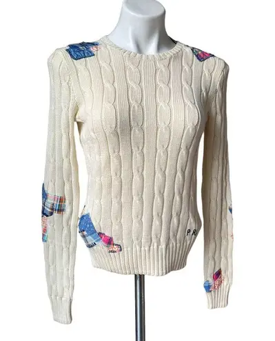 Polo NWT,  Ralph Lauren Patchwork Cable Knit Cotton Sweater Crew Neck, Sz S