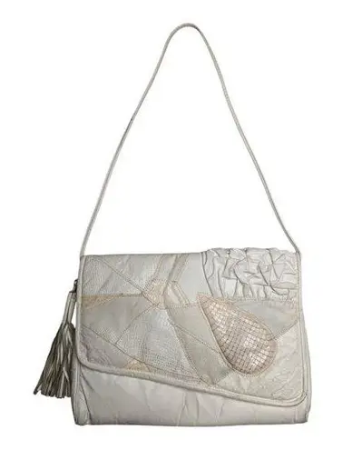 Vtg 1980s White Patchwork Leather Top Flap Tassel Trim Envelope Shoulder Bag