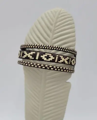 Handmade Woven Rattan Bracelet Brown and White Geometric Pattern Medium Cuff