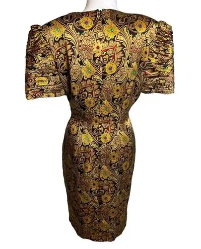 Vintage Richard Warren silk faux wrap structured gold buckle dress baroque Size M
