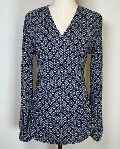 Boden ‘Elodie’ Long Sleeve Wrap Top Geometric Pattern Ruched Women’s Size 12 Blue