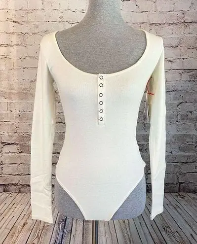 Open Edit  Knit Womens Ivory Long Sleeve Scoop Neck Henley Bodysuit Medium NWT